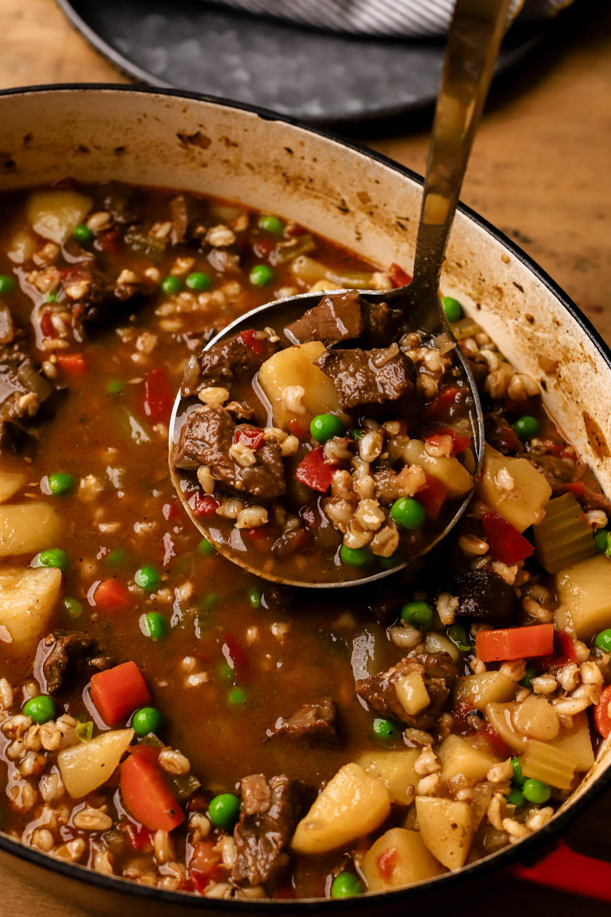 A ladle full of beef barley soup. 
